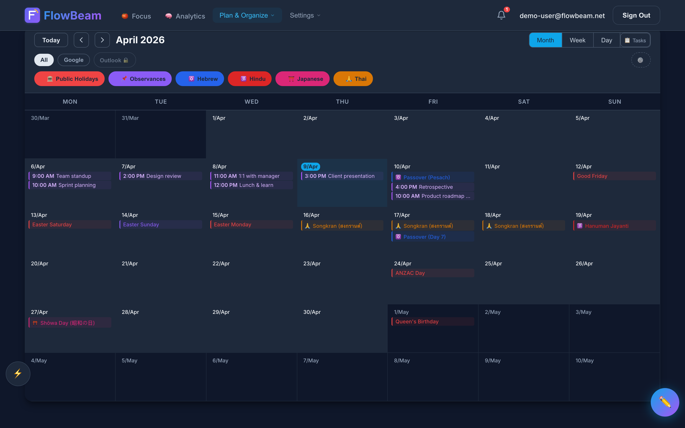 Calendar with cultural overlay settings panel showing available calendars