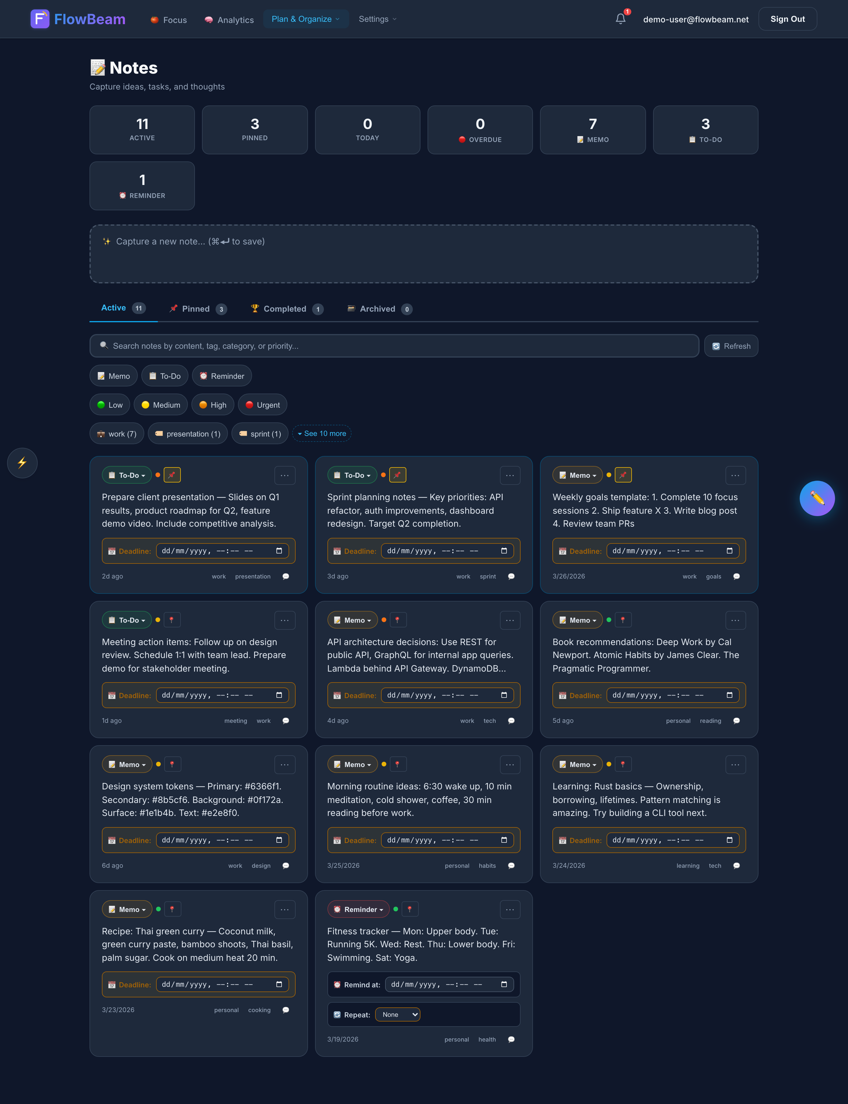 Notes page overview with stats bar showing active, pinned, and today counts